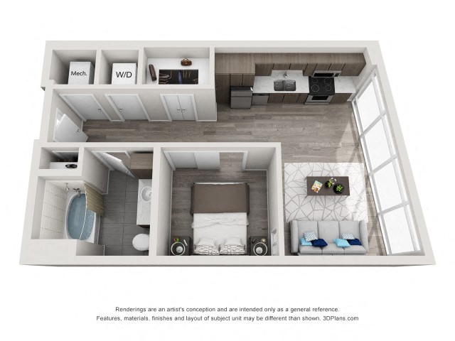 Floor plan for studio, 1 bath, 613 sqft